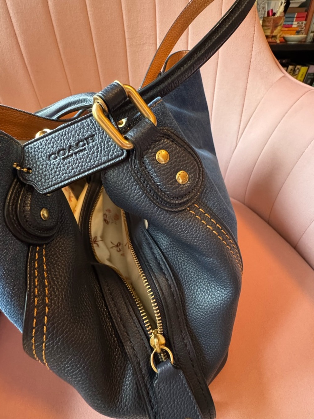 Coach Blue Denim Tote with Gold Logo and Navy and Tan Handles - Picture 7 of 10